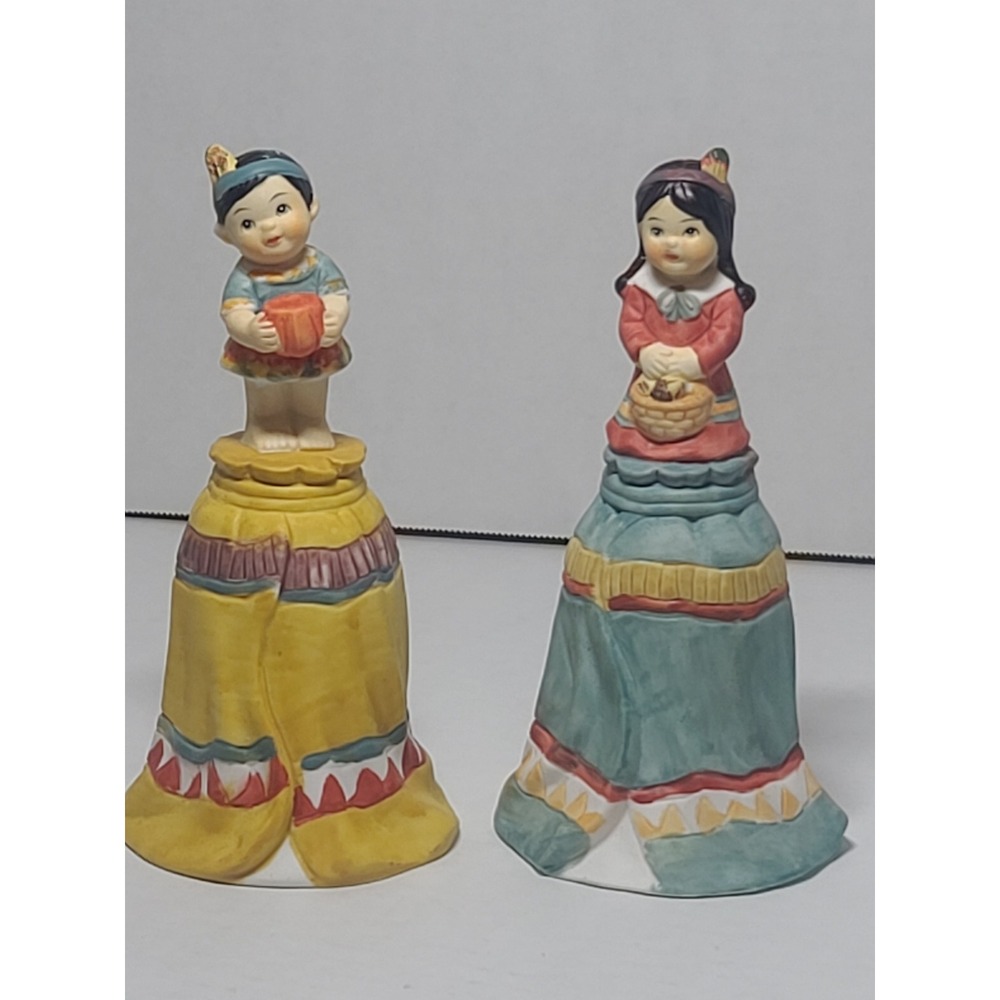 2 Harvest Collectible Porcelain Bell Set Hand Painted Native American Style 6.5"